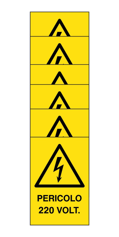 KIT DI 6 ADESIVI RETTANGOLARI - pericolo 220 volt - Pittogramma ISO 7010 Con Stampa Diretta U.V. (IDEALE ANCHE PER ESTERNO)