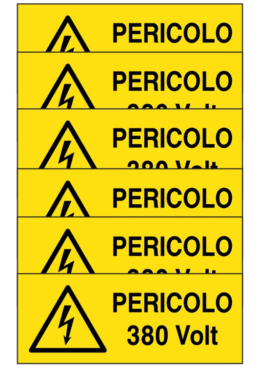 GLOBAL KIT DI 6 ADESIVI UNI - pericolo 380 volt - Pittogramma ISO 7010 Con Stampa Diretta U.V. (IDEALE ANCHE PER ESTERNO)