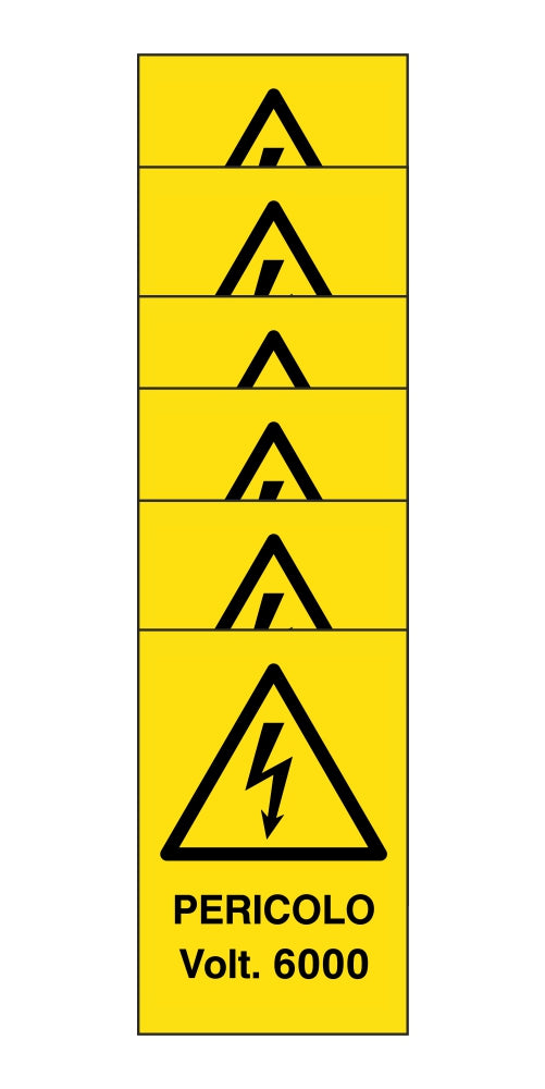 KIT DI 6 ADESIVI RETTANGOLARI - pericolo 6000 volt - Pittogramma ISO 7010 Con Stampa Diretta U.V. (IDEALE ANCHE PER ESTERNO)