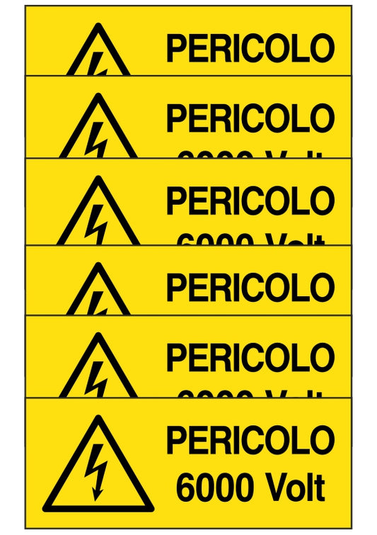 KIT DI 6 ADESIVI UNI - pericolo 6000 volt - Pittogramma ISO 7010 Con Stampa Diretta U.V. (IDEALE ANCHE PER ESTERNO)