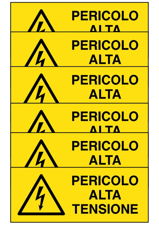 GLOBAL KIT DI 6 ADESIVI UNI - pericolo alta tensione - Pittogramma ISO 7010 Con Stampa Diretta U.V. (IDEALE ANCHE PER ESTERNO)