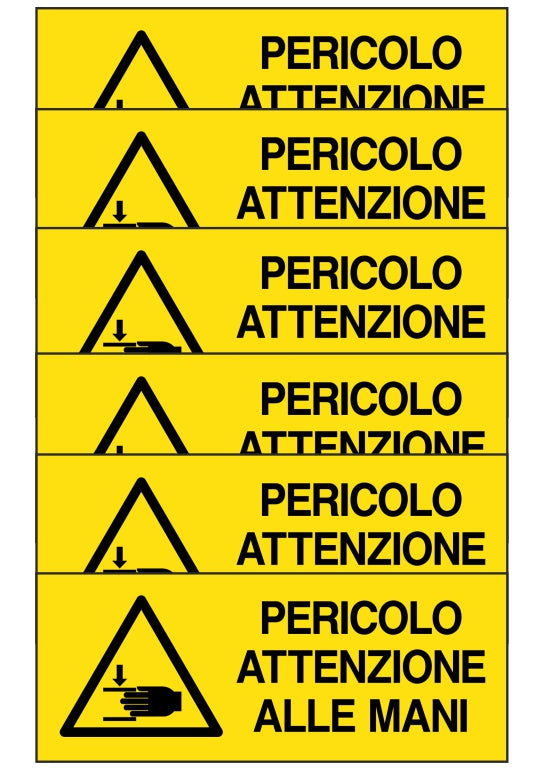 KIT DI 6 ADESIVI UNI - pericolo attenzione alle mani - Pittogramma ISO 7010 Con Stampa Diretta U.V. (IDEALE ANCHE PER ESTERNO)