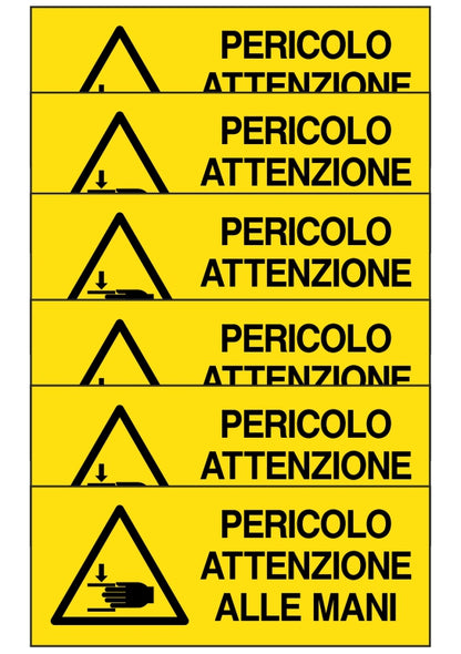 KIT DI 6 ADESIVI UNI - pericolo attenzione alle mani - Pittogramma ISO 7010 Con Stampa Diretta U.V. (IDEALE ANCHE PER ESTERNO)
