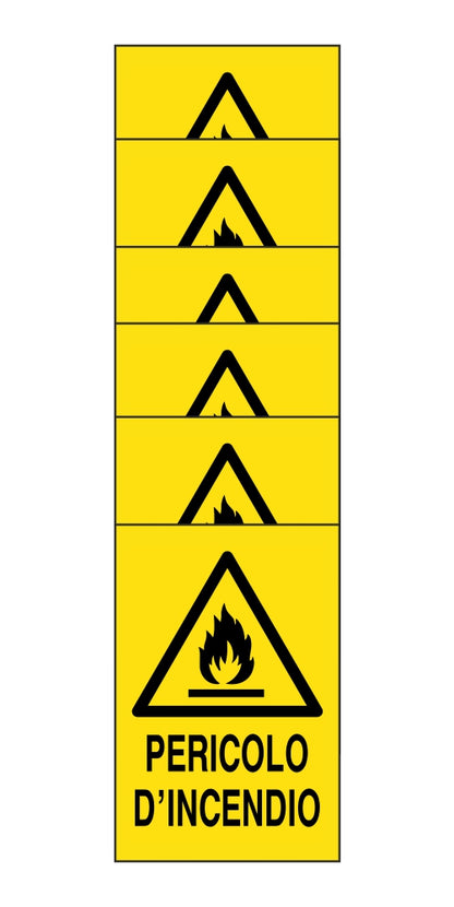KIT DI 6 ADESIVI RETTANGOLARI - pericolo d'incendio - Pittogramma ISO 7010 Con Stampa Diretta U.V. (IDEALE ANCHE PER ESTERNO)