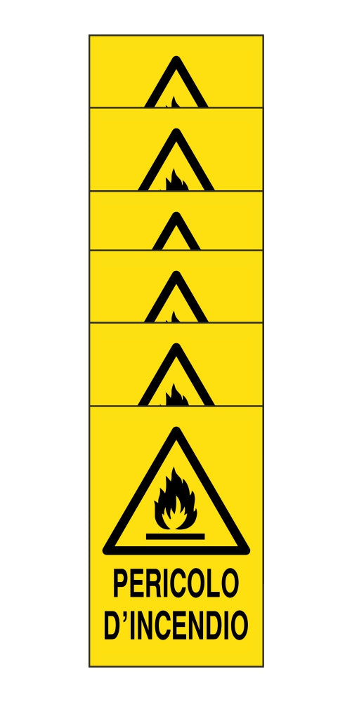 KIT DI 6 ADESIVI RETTANGOLARI - pericolo d'incendio - Pittogramma ISO 7010 Con Stampa Diretta U.V. (IDEALE ANCHE PER ESTERNO)