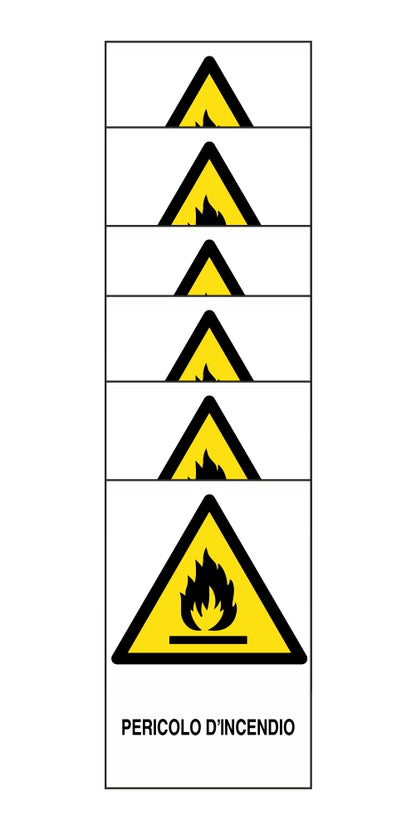 KIT DI 6 ADESIVI RETTANGOLARI - pericolo d'incendio - Pittogramma ISO 7010 Con Stampa Diretta U.V. (IDEALE ANCHE PER ESTERNO)