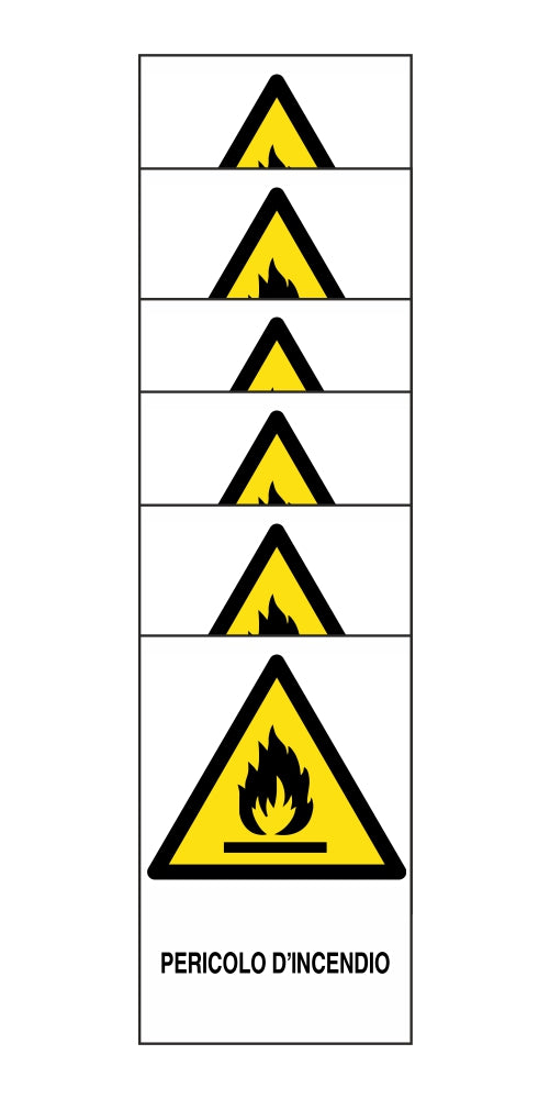 KIT DI 6 ADESIVI RETTANGOLARI - pericolo d'incendio - Pittogramma ISO 7010 Con Stampa Diretta U.V. (IDEALE ANCHE PER ESTERNO)