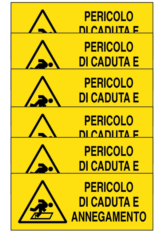 KIT DI 6 ADESIVI UNI - pericolo di caduta e annegamento - Pittogramma ISO 7010 Con Stampa Diretta U.V. (IDEALE ANCHE PER ESTERNO)