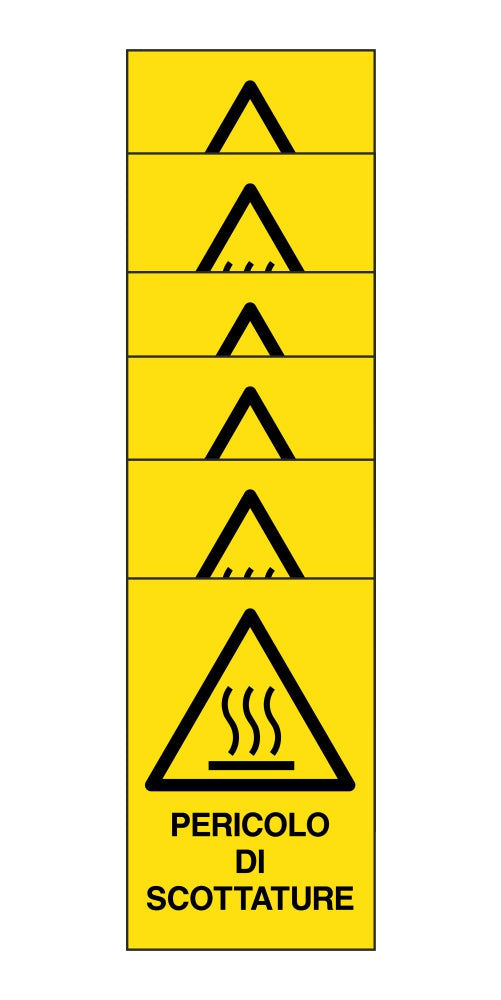 KIT DI 6 ADESIVI RETTANGOLARI - pericolo di scottature - Pittogramma ISO 7010 Con Stampa Diretta U.V. (IDEALE ANCHE PER ESTERNO)