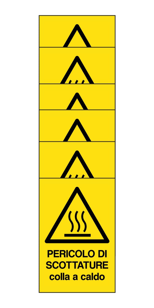 KIT DI 6 ADESIVI RETTANGOLARI - pericolo di scottature colla a caldo - Pittogramma ISO 7010 Con Stampa Diretta U.V. (IDEALE ANCHE PER ESTERNO)