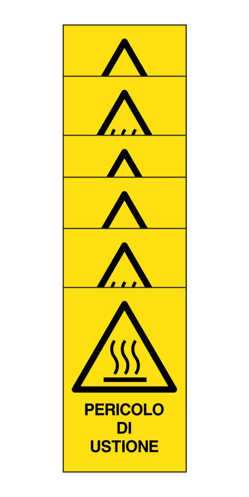 KIT DI 6 ADESIVI RETTANGOLARI - pericolo di ustione - Pittogramma ISO 7010 Con Stampa Diretta U.V. (IDEALE ANCHE PER ESTERNO)
