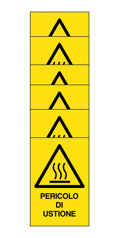 KIT DI 6 ADESIVI RETTANGOLARI - pericolo di ustione - Pittogramma ISO 7010 Con Stampa Diretta U.V. (IDEALE ANCHE PER ESTERNO)