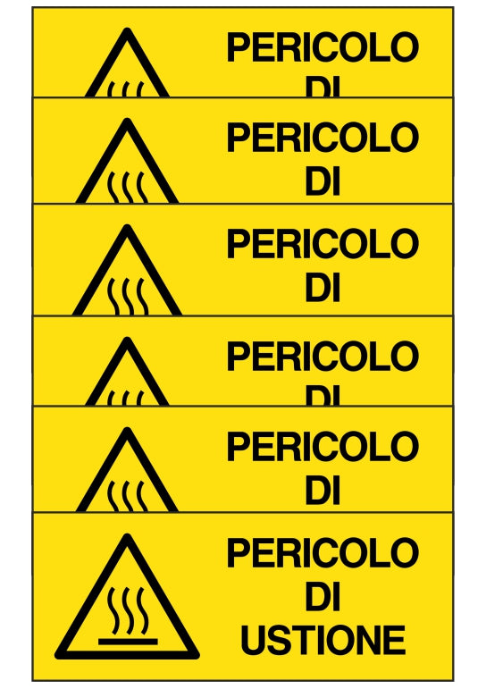 KIT DI 6 ADESIVI UNI - pericolo di ustione - Pittogramma ISO 7010 Con Stampa Diretta U.V. (IDEALE ANCHE PER ESTERNO)