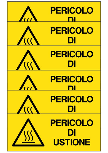 KIT DI 6 ADESIVI UNI - pericolo di ustione - Pittogramma ISO 7010 Con Stampa Diretta U.V. (IDEALE ANCHE PER ESTERNO)