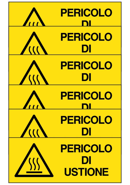 KIT DI 6 ADESIVI UNI - pericolo di ustione - Pittogramma ISO 7010 Con Stampa Diretta U.V. (IDEALE ANCHE PER ESTERNO)
