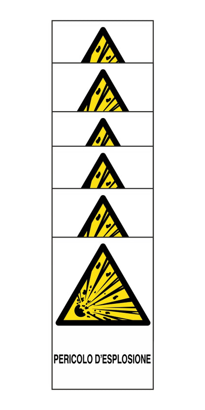 KIT DI 6 ADESIVI RETTANGOLARI - pericolo esplosione - Pittogramma ISO 7010 Con Stampa Diretta U.V. (IDEALE ANCHE PER ESTERNO)