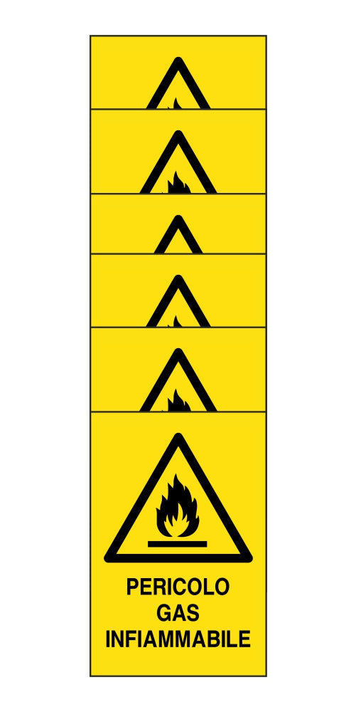 KIT DI 6 ADESIVI RETTANGOLARI - pericolo gas infiammabile - Pittogramma ISO 7010 Con Stampa Diretta U.V. (IDEALE ANCHE PER ESTERNO)