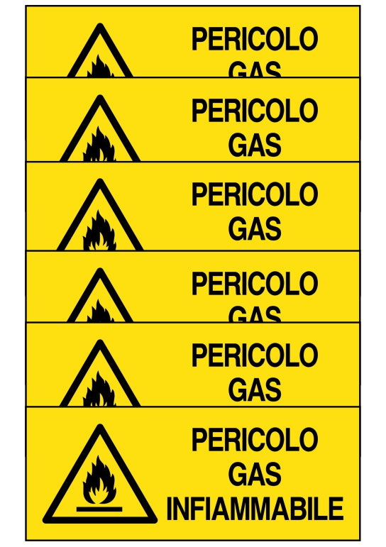 GLOBAL KIT DI 6 ADESIVI UNI - pericolo gas infiammabile - Pittogramma ISO 7010 Con Stampa Diretta U.V. (IDEALE ANCHE PER ESTERNO)