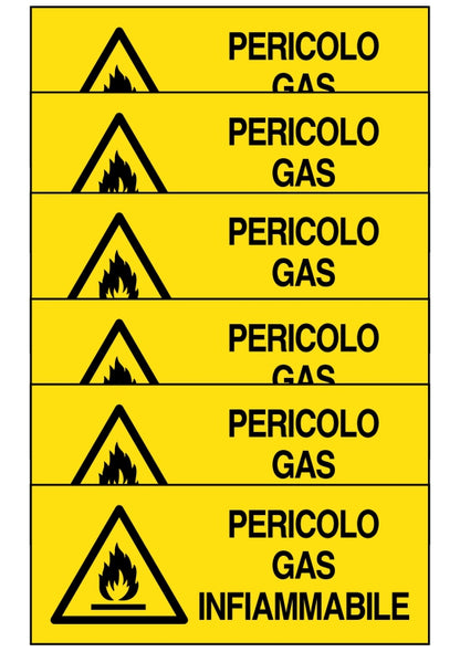 GLOBAL KIT DI 6 ADESIVI UNI - pericolo gas infiammabile - Pittogramma ISO 7010 Con Stampa Diretta U.V. (IDEALE ANCHE PER ESTERNO)