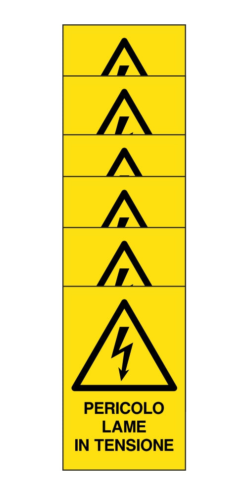 KIT DI 6 ADESIVI RETTANGOLARI - pericolo lame in tensione - Pittogramma ISO 7010 Con Stampa Diretta U.V. (IDEALE ANCHE PER ESTERNO)