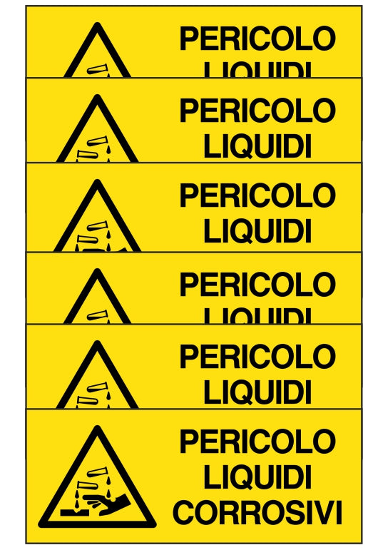 KIT DI 6 ADESIVI UNI - pericolo liquidi corrosivi - Pittogramma ISO 7010 Con Stampa Diretta U.V. (IDEALE ANCHE PER ESTERNO)
