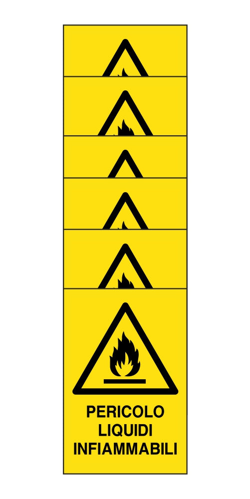 KIT DI 6 ADESIVI RETTANGOLARI - pericolo liquidi infiammabili - Pittogramma ISO 7010 Con Stampa Diretta U.V. (IDEALE ANCHE PER ESTERNO)