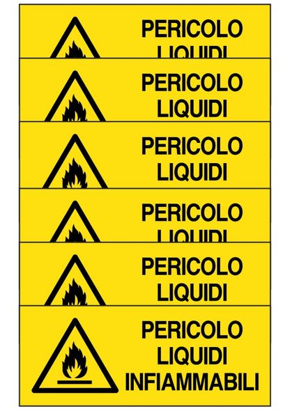 KIT DI 6 ADESIVI UNI - pericolo liquidi infiammabili - Pittogramma ISO 7010 Con Stampa Diretta U.V. (IDEALE ANCHE PER ESTERNO)