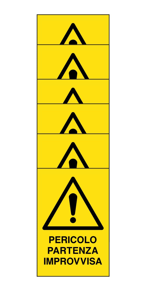 KIT DI 6 ADESIVI RETTANGOLARI - pericolo partenza improvvisa - Pittogramma ISO 7010 Con Stampa Diretta U.V. (IDEALE ANCHE PER ESTERNO)