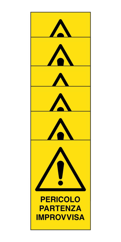 KIT DI 6 ADESIVI RETTANGOLARI - pericolo partenza improvvisa - Pittogramma ISO 7010 Con Stampa Diretta U.V. (IDEALE ANCHE PER ESTERNO)