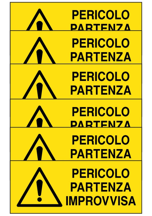 KIT DI 6 ADESIVI UNI - pericolo partenza improvvisa - Pittogramma ISO 7010 Con Stampa Diretta U.V. (IDEALE ANCHE PER ESTERNO)