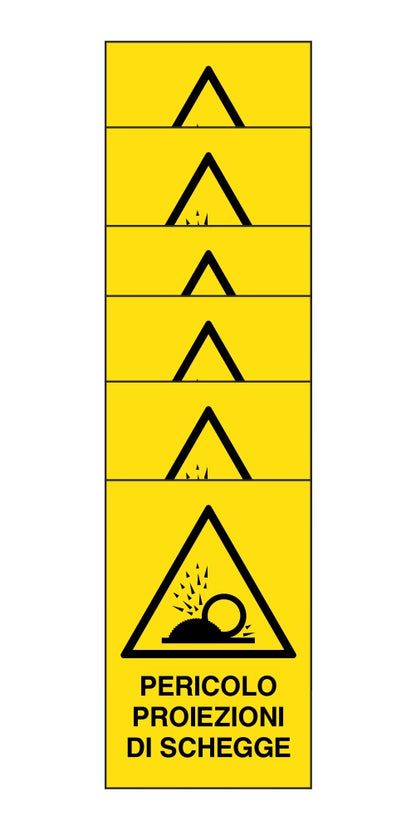 KIT DI 6 ADESIVI RETTANGOLARI - pericolo proiezioni di scheggie - Pittogramma ISO 7010 Con Stampa Diretta U.V. (IDEALE ANCHE PER ESTERNO)