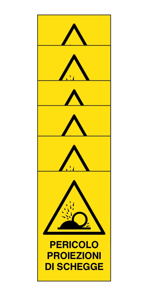 KIT DI 6 ADESIVI RETTANGOLARI - pericolo proiezioni di scheggie - Pittogramma ISO 7010 Con Stampa Diretta U.V. (IDEALE ANCHE PER ESTERNO)