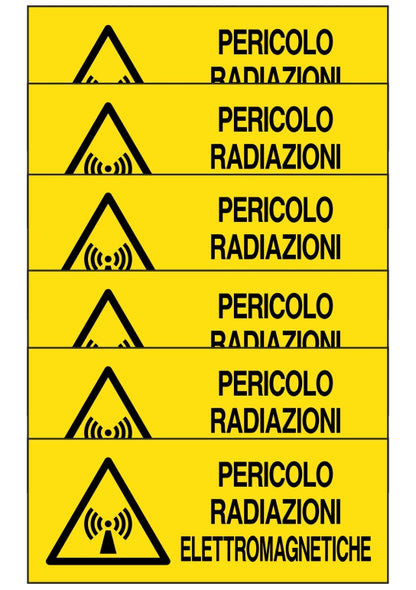 KIT DI 6 ADESIVI UNI - pericolo radiazioni elettromagnetiche - Pittogramma ISO 7010 Con Stampa Diretta U.V. (IDEALE ANCHE PER ESTERNO)