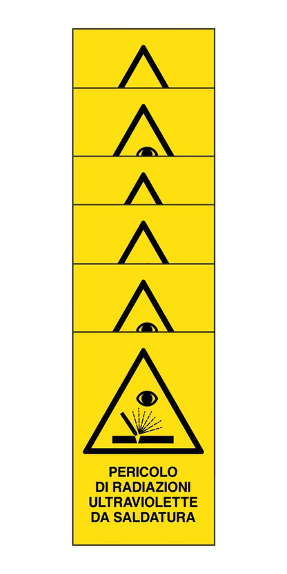 KIT DI 6 ADESIVI RETTANGOLARI - pericolo radiazioni ultraviolette da saldatura - Pittogramma ISO 7010 Con Stampa Diretta U.V. (IDEALE ANCHE PER ESTERNO)