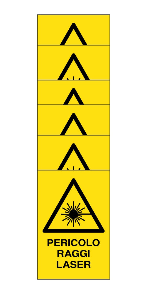 KIT DI 6 ADESIVI RETTANGOLARI - pericolo raggi laser - Pittogramma ISO 7010 Con Stampa Diretta U.V. (IDEALE ANCHE PER ESTERNO)