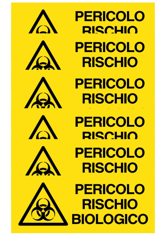 GLOBAL KIT DI 6 ADESIVI UNI - pericolo rischio biologico - Pittogramma ISO 7010 Con Stampa Diretta U.V. (IDEALE ANCHE PER ESTERNO)