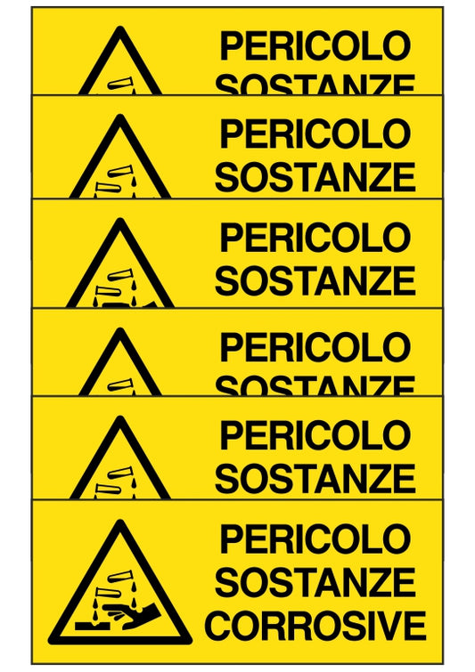 KIT DI 6 ADESIVI UNI - pericolo sostanze corrosive - Pittogramma ISO 7010 Con Stampa Diretta U.V. (IDEALE ANCHE PER ESTERNO)