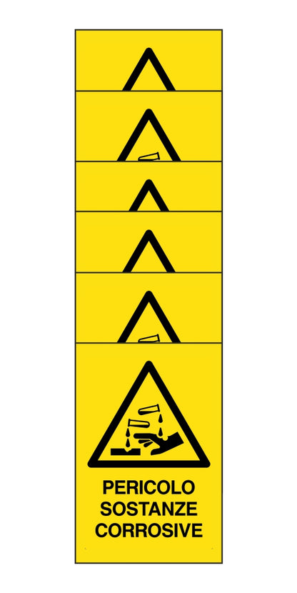 KIT DI 6 ADESIVI RETTANGOLARI - pericolo sostanze corrosive - Pittogramma ISO 7010 Con Stampa Diretta U.V. (IDEALE ANCHE PER ESTERNO)