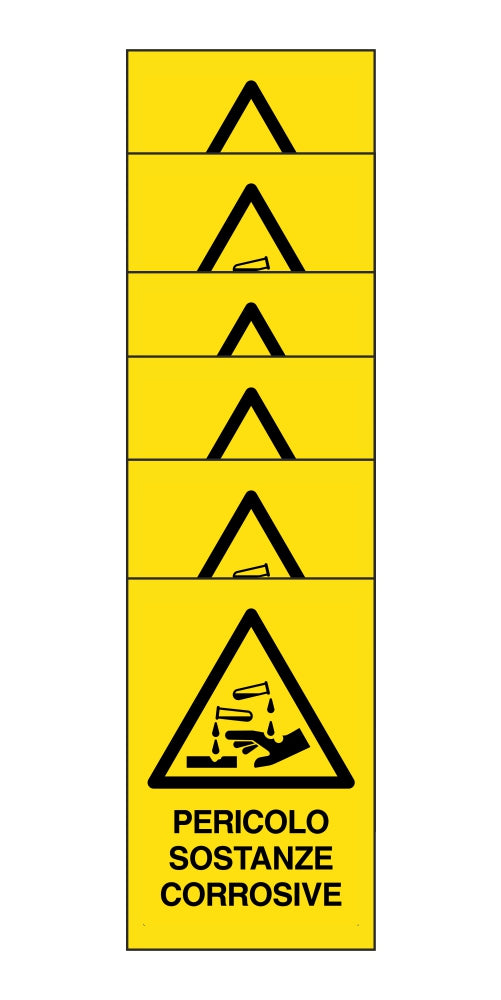 KIT DI 6 ADESIVI RETTANGOLARI - pericolo sostanze corrosive - Pittogramma ISO 7010 Con Stampa Diretta U.V. (IDEALE ANCHE PER ESTERNO)