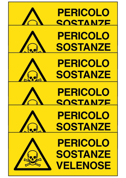 KIT DI 6 ADESIVI UNI - pericolo sostanze velenose - Pittogramma ISO 7010 Con Stampa Diretta U.V. (IDEALE ANCHE PER ESTERNO)
