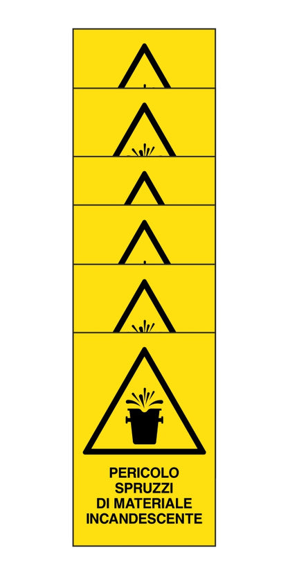 KIT DI 6 ADESIVI RETTANGOLARI - pericolo spruzzi di materiale incandescente - Pittogramma ISO 7010 Con Stampa Diretta U.V. (IDEALE ANCHE PER ESTERNO)