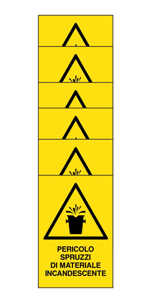 KIT DI 6 ADESIVI RETTANGOLARI - pericolo spruzzi di materiale incandescente - Pittogramma ISO 7010 Con Stampa Diretta U.V. (IDEALE ANCHE PER ESTERNO)