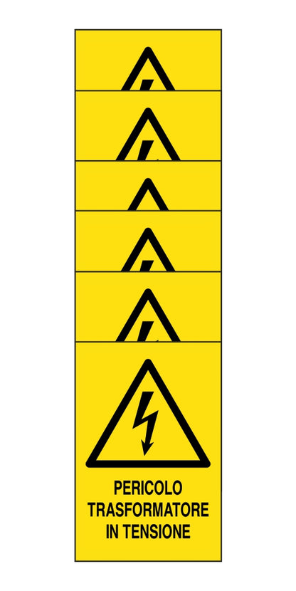 KIT DI 6 ADESIVI RETTANGOLARI - pericolo trasformatore in tensione - Pittogramma ISO 7010 Con Stampa Diretta U.V. (IDEALE ANCHE PER ESTERNO)