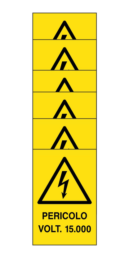 KIT DI 6 ADESIVI RETTANGOLARI - pericolo volt 15000 - Pittogramma ISO 7010 Con Stampa Diretta U.V. (IDEALE ANCHE PER ESTERNO)