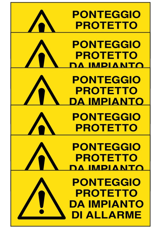 KIT DI 6 ADESIVI UNI - ponteggio protetto da impianto di allarme - Pittogramma ISO 7010 Con Stampa Diretta U.V. (IDEALE ANCHE PER ESTERNO)