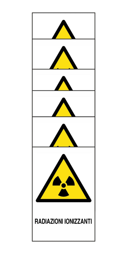 KIT DI 6 ADESIVI RETTANGOLARI - radiazioni ionizzanti - Pittogramma ISO 7010 Con Stampa Diretta U.V. (IDEALE ANCHE PER ESTERNO)