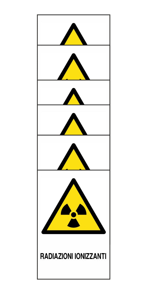 KIT DI 6 ADESIVI RETTANGOLARI - radiazioni ionizzanti - Pittogramma ISO 7010 Con Stampa Diretta U.V. (IDEALE ANCHE PER ESTERNO)