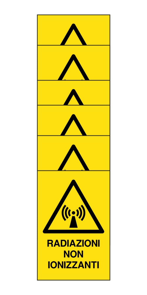 KIT DI 6 ADESIVI RETTANGOLARI - radiazioni non ionizzanti - Pittogramma ISO 7010 Con Stampa Diretta U.V. (IDEALE ANCHE PER ESTERNO)