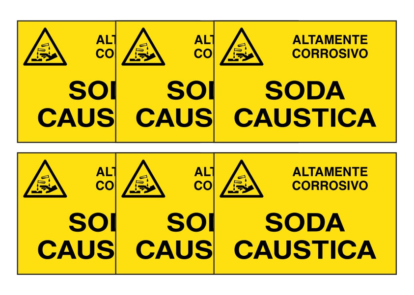 KIT DI 6 ADESIVI RETTANGOLARI - SODA CAUSTICA - Pittogramma ISO 7010 Con Stampa Diretta U.V. (IDEALE ANCHE PER ESTERNO)