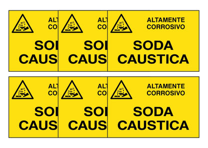 KIT DI 6 ADESIVI RETTANGOLARI - SODA CAUSTICA - Pittogramma ISO 7010 Con Stampa Diretta U.V. (IDEALE ANCHE PER ESTERNO)